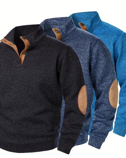 3pcs Men’s Casual Knit Sweaters – Button-Up Collar, Long Sleeve, Solid Color, Regular Fit for Golf & Camping