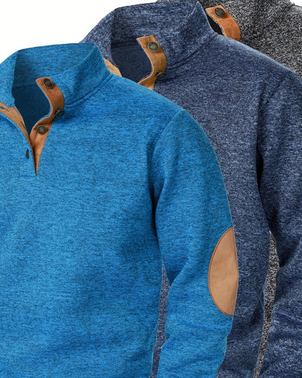 3pcs Men’s Casual Knit Sweaters – Button-Up Collar, Long Sleeve, Solid Color, Regular Fit for Golf & Camping