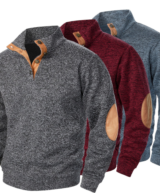 3pcs Men’s Casual Knit Sweaters – Button-Up Collar, Long Sleeve, Solid Color, Regular Fit for Golf & Camping
