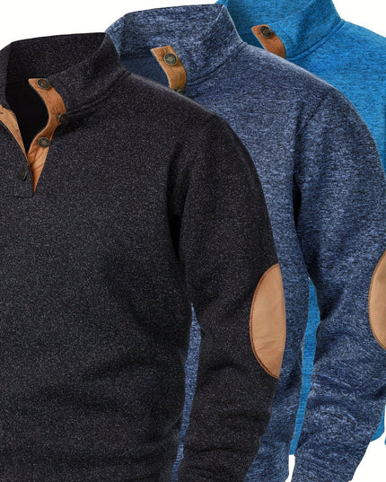 3pcs Men’s Casual Knit Sweaters – Button-Up Collar, Long Sleeve, Solid Color, Regular Fit for Golf & Camping