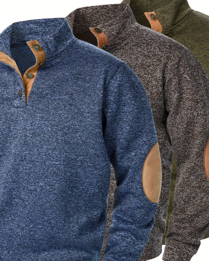 3pcs Men’s Casual Knit Sweaters – Button-Up Collar, Long Sleeve, Solid Color, Regular Fit for Golf & Camping