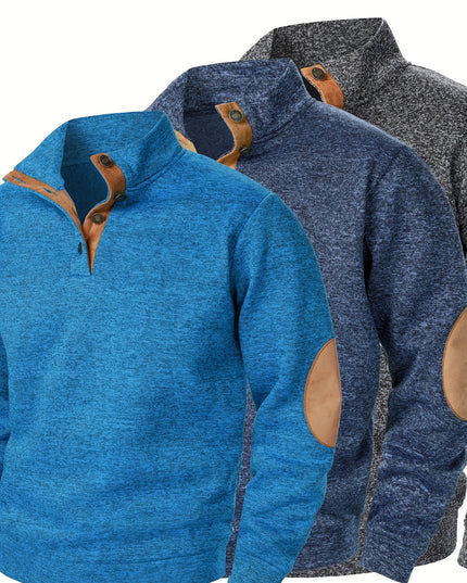3pcs Men’s Casual Knit Sweaters – Button-Up Collar, Long Sleeve, Solid Color, Regular Fit for Golf & Camping