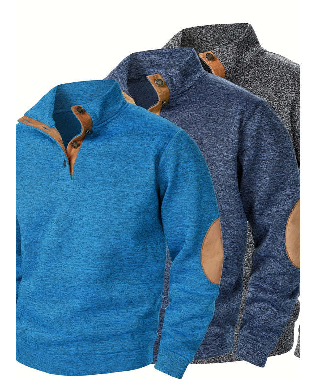 3pcs Men’s Casual Knit Sweaters – Button-Up Collar, Long Sleeve, Solid Color, Regular Fit for Golf & Camping