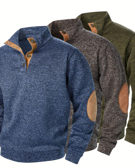 3pcs Men’s Casual Knit Sweaters – Button-Up Collar, Long Sleeve, Solid Color, Regular Fit for Golf & Camping