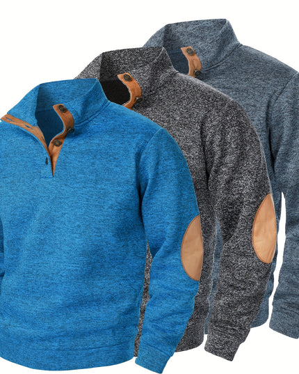3pcs Men’s Casual Knit Sweaters – Button-Up Collar, Long Sleeve, Solid Color, Regular Fit for Golf & Camping