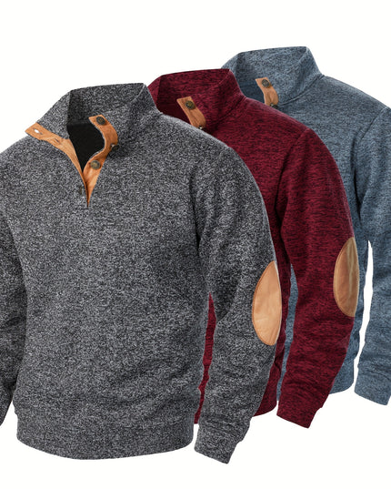 3pcs Men’s Casual Knit Sweaters – Button-Up Collar, Long Sleeve, Solid Color, Regular Fit for Golf & Camping