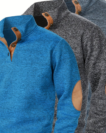 3pcs Men’s Casual Knit Sweaters – Button-Up Collar, Long Sleeve, Solid Color, Regular Fit for Golf & Camping