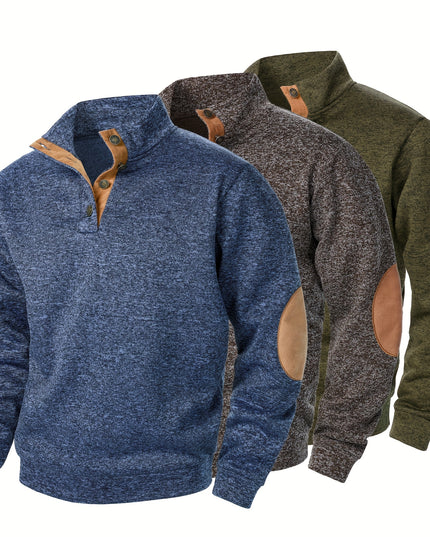 3pcs Men’s Casual Knit Sweaters – Button-Up Collar, Long Sleeve, Solid Color, Regular Fit for Golf & Camping
