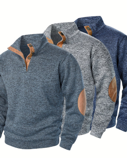 3pcs Men’s Casual Knit Sweaters – Button-Up Collar, Long Sleeve, Solid Color, Regular Fit for Golf & Camping