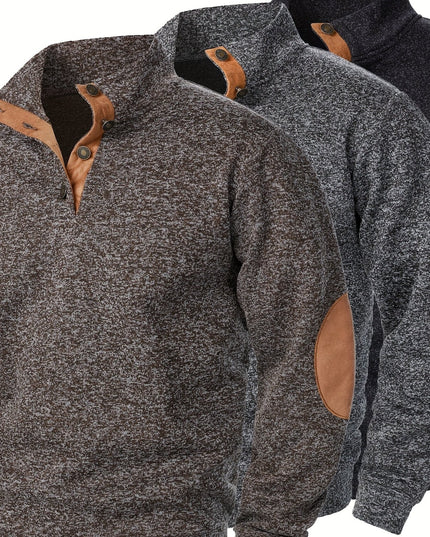 3pcs Men’s Casual Knit Sweaters – Button-Up Collar, Long Sleeve, Solid Color, Regular Fit for Golf & Camping