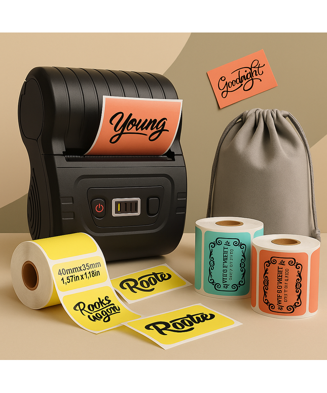 Portable Bluetooth Label Maker – Wireless, Rechargeable, Includes 3 Colour Rolls