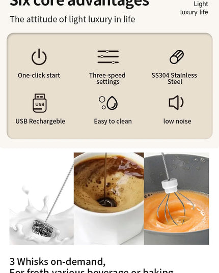 Electric Milk Frother + Egg Beater Wireless Type-C Charging 3 Speeds Mini Handheld Foam Maker Coffee Whisk Cooking Tools