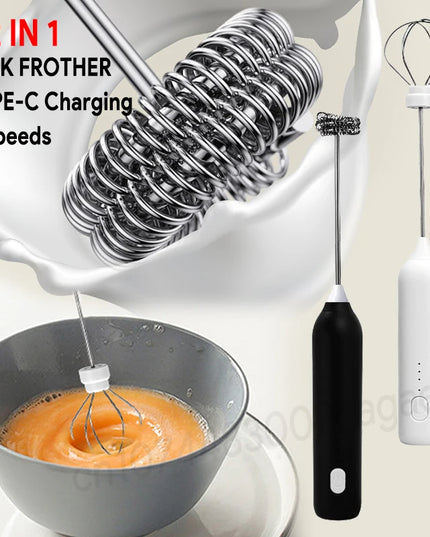 Electric Milk Frother + Egg Beater Wireless Type-C Charging 3 Speeds Mini Handheld Foam Maker Coffee Whisk Cooking Tools