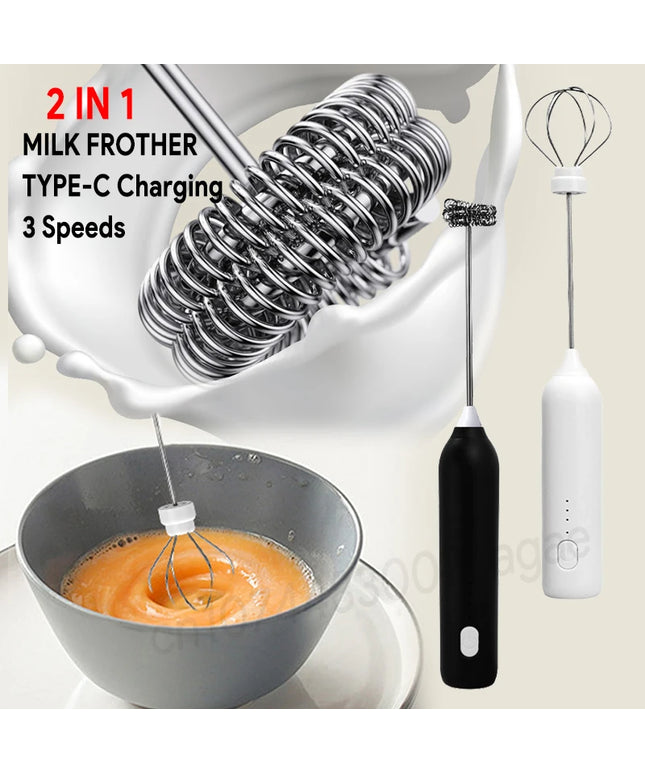 Electric Milk Frother + Egg Beater Wireless Type-C Charging 3 Speeds Mini Handheld Foam Maker Coffee Whisk Cooking Tools