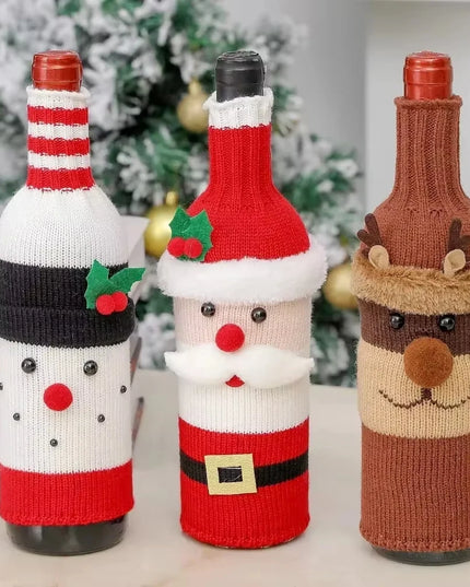 Christmas Wine Bottle Cover Set Santa Snowman Woven Wine Bottle Bags for Christmas Party Dinner Table Decorations New Year Gifts