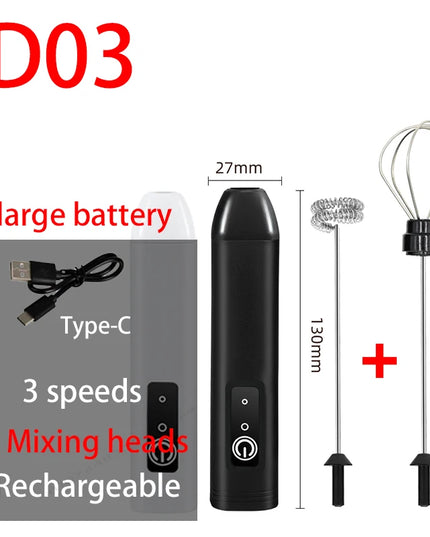 Electric Milk Frother + Egg Beater Wireless Type-C Charging 3 Speeds Mini Handheld Foam Maker Coffee Whisk Cooking Tools