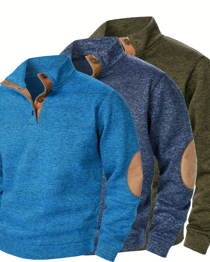 3pcs Men’s Casual Knit Sweaters – Button-Up Collar, Long Sleeve, Solid Color, Regular Fit for Golf & Camping