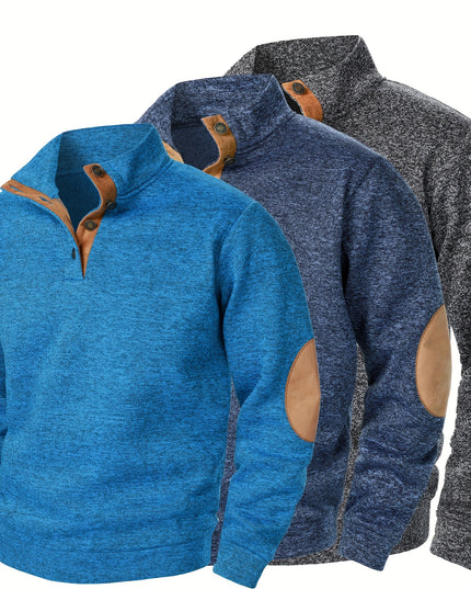 3pcs Men’s Casual Knit Sweaters – Button-Up Collar, Long Sleeve, Solid Color, Regular Fit for Golf & Camping