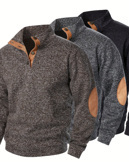 3pcs Men’s Casual Knit Sweaters – Button-Up Collar, Long Sleeve, Solid Color, Regular Fit for Golf & Camping